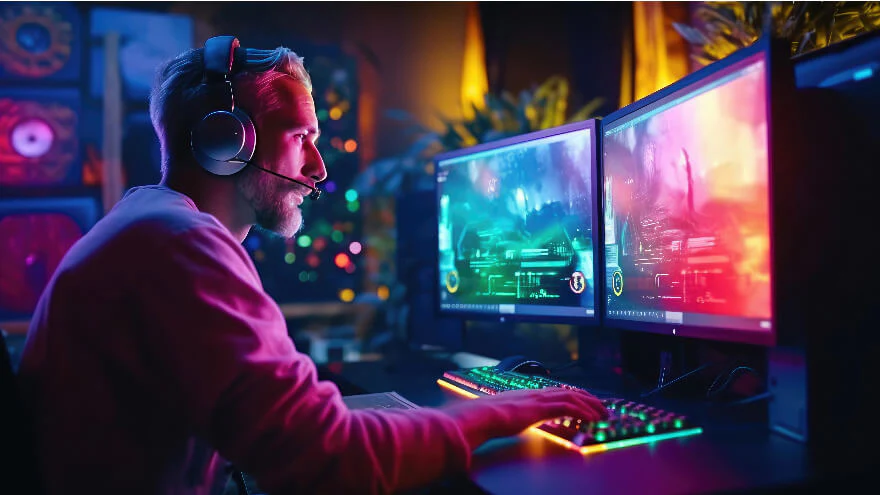 Picture of guy playing videogame on a PC